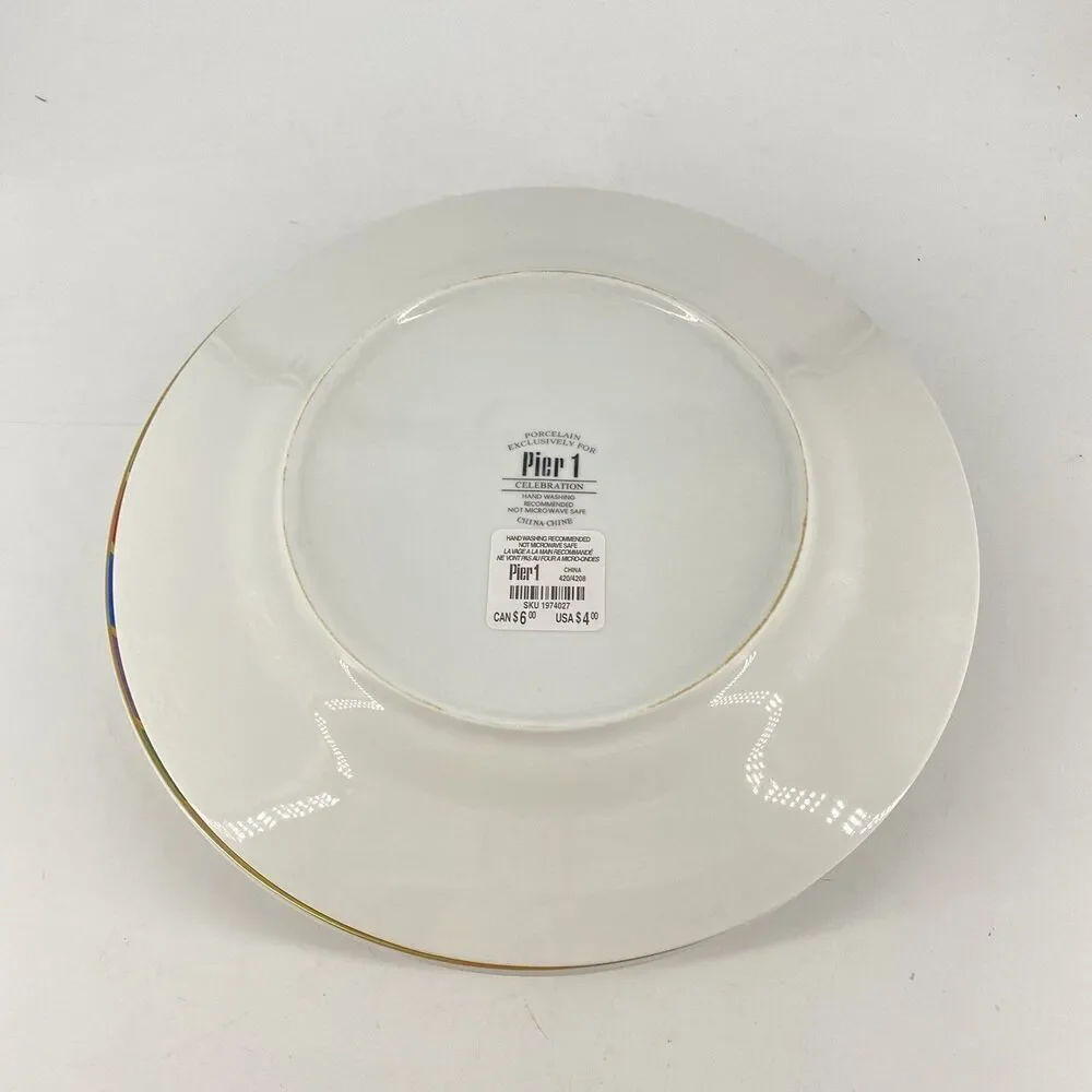 Pier 1 Celebration Set of 4 Porcelain Dinner Plates 10 1/2” Multicolor Rim New